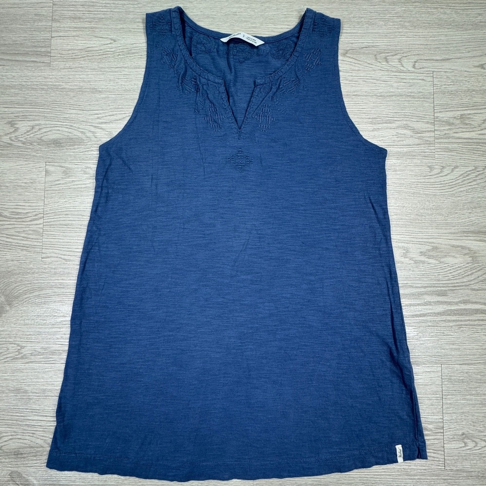 Woolrich Women's Tank Top Embroidered Split Neck Slub Cotton Blue Sz Small Tunic